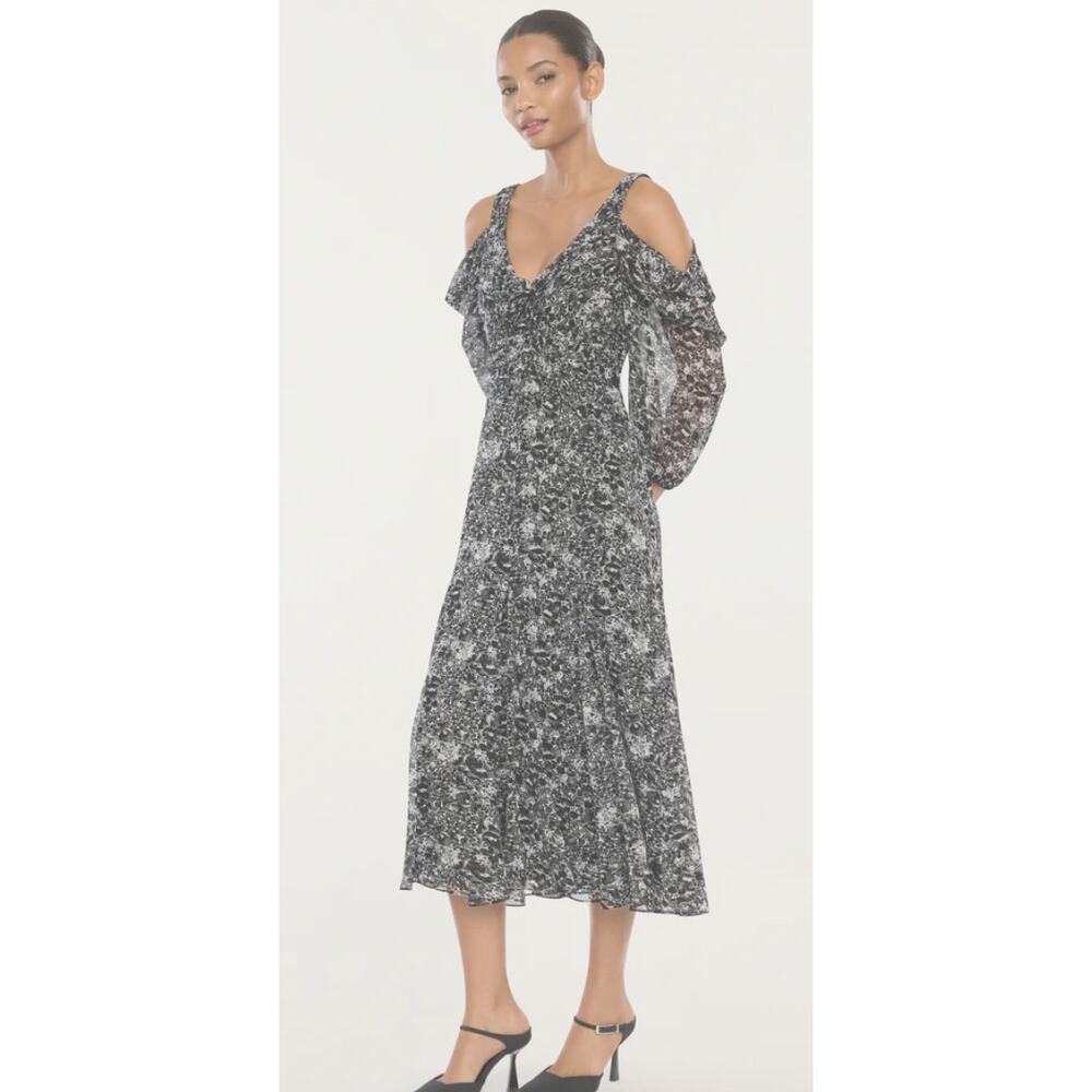 LIKELY Rayna Dress Women 2 Black Multi NWT Floral Cold Shoulder Midi YD25168306Y